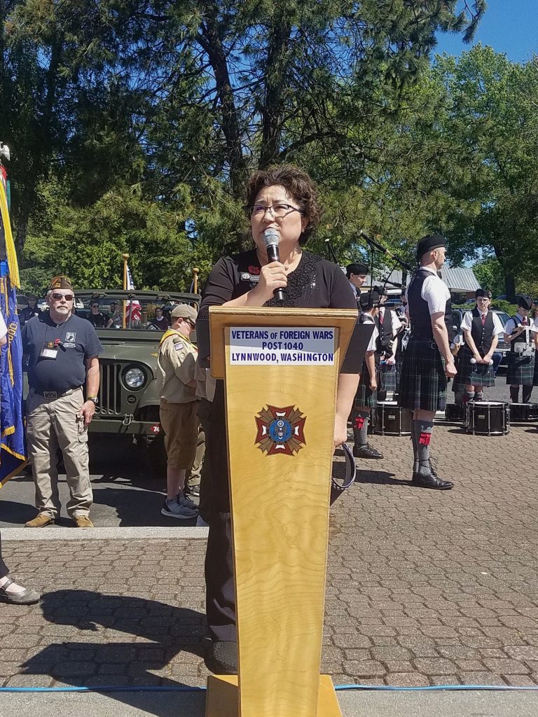 Chairwoman of the Housing, Community Development & Veterans committee and 32nd Legislative District Representative Cindy Ryu at the 2019 Memorial Day Ceremony in Veteran’s Park on May 27.